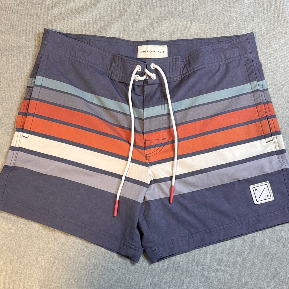 American Eagle Outfitters Navy Swim Shorts with Orange & Light Blue Stripes
